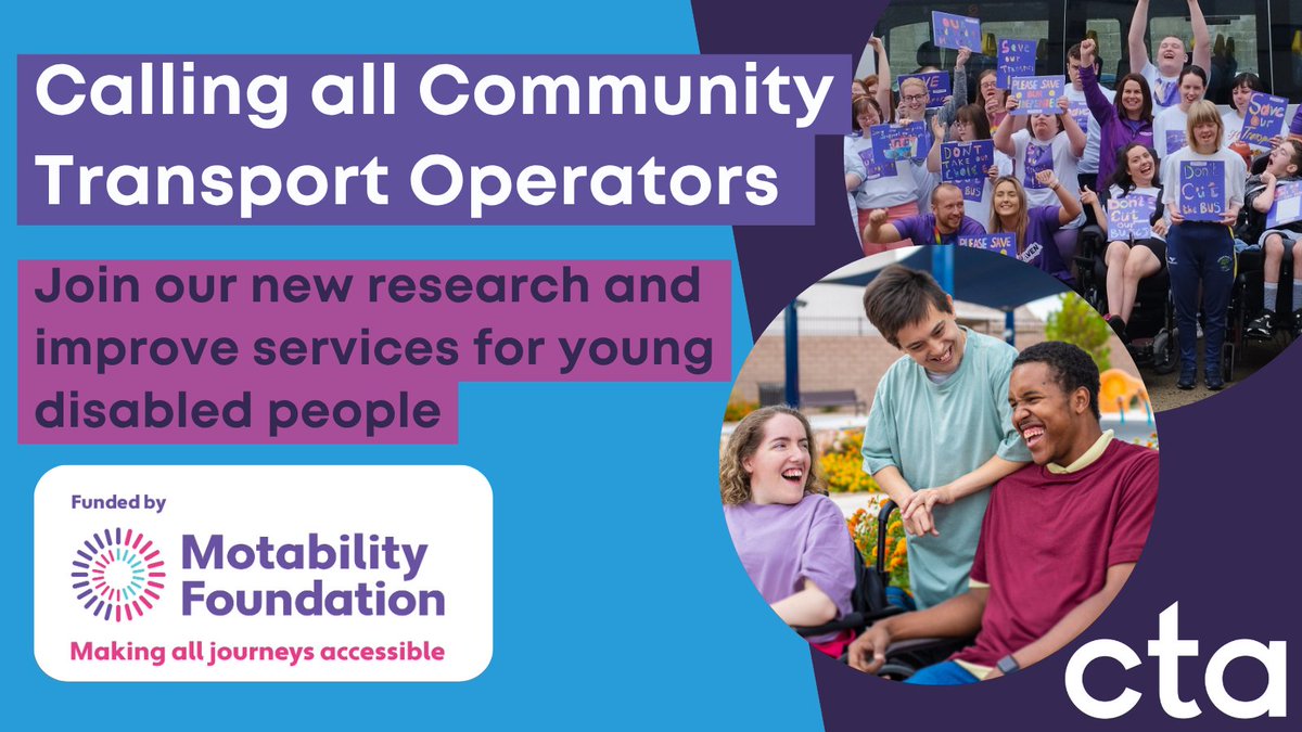 Community Transport Association (@ctauk1) on Twitter photo We're running new research into how #CommunityTransport can better support disabled children and young people, funded by the <a href="/Motability/">Motability Foundation</a> Foundation.
By taking part you can enter a draw to receive a £250 donation to your org: surveymonkey.com/r/PJPK79G We're running new research into how #CommunityTransport can better support disabled children and young people, funded by the <a href="/Motability/">Motability Foundation</a> Foundation.
By taking part you can enter a draw to receive a £250 donation to your org: surveymonkey.com/r/PJPK79G