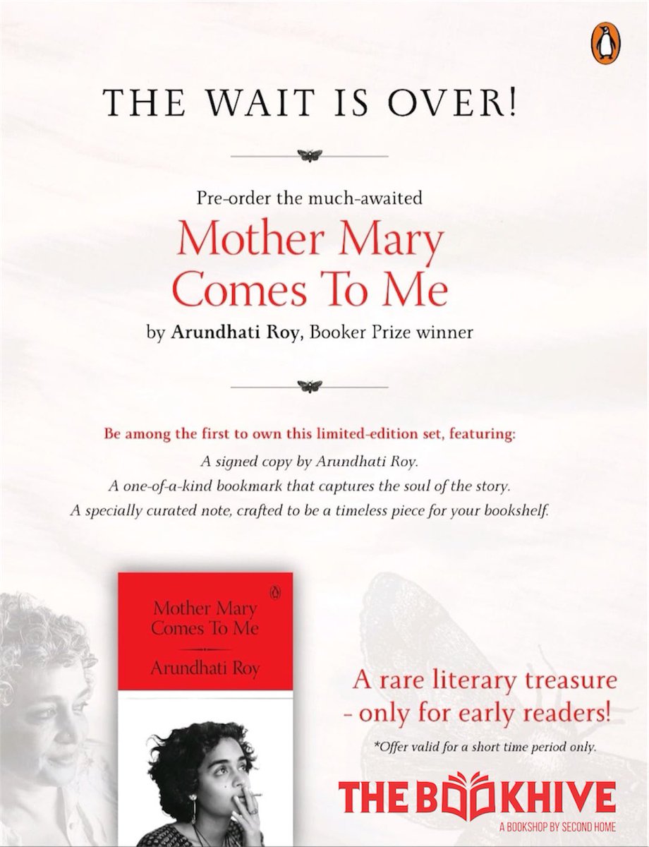 Bookhive Bookstore (@bookhive_blr) on Twitter photo The wait is over!
Pre-order Mother Mary Comes To Me by <a href="/royarundhti/">Arundhati Roy</a> now at The Bookhive.
Limited-edition
Signed copy
Exclusive bookmark
Curated note
A rare literary gem for early readers.
DM to book your copy.
9535440445
#ArundhatiRoy #SignedCopy #TheBookhive The wait is over!
Pre-order Mother Mary Comes To Me by <a href="/royarundhti/">Arundhati Roy</a> now at The Bookhive.
Limited-edition
Signed copy
Exclusive bookmark
Curated note
A rare literary gem for early readers.
DM to book your copy.
9535440445
#ArundhatiRoy #SignedCopy #TheBookhive