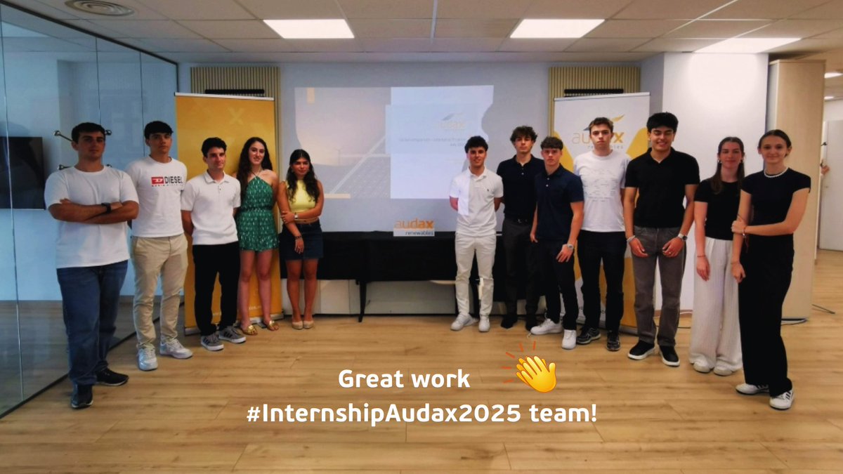 ¡#InternshipAudax2025 concluido con éxito!
Los 12 trainees han presentado un trabajo excepcional en nuestra sede de Badalona. ¡Un mes de  trabajo en equipo y análisis global ! 
¡Gran trabajo! ✨
👉 +Info eu1.hubs.ly/H0m4Zc40
#TalentoGlobal #EnergíaRenovable #Innovación