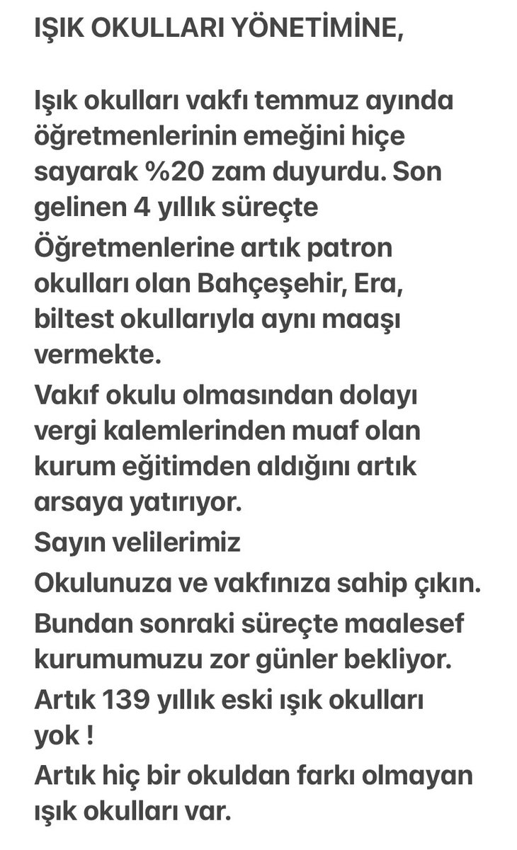 SSavasc06's tweet photo. FMV ÖZEL IŞIK OKULLARI 

İstanbul’daki okulların patron okulları dahi maaşlara %60 zam yaptığı ortamda ışık okulları yönetimi utanmayarak öğretmenlerine brüte! %20 zammı duyurdu.
Bundan sonra mücadelemiz başlıyor. 
Siz öğretmenlerinize kulaklarınızı kapatmaya devam edin ! https://t.co/G31taCKYcn