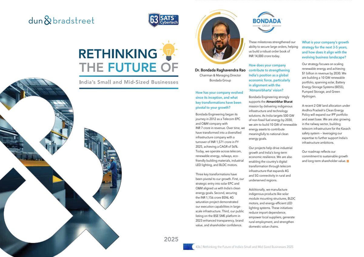 BondadaOnline's tweet image. 📣 Proud moment!

 Our #CMD , @bondadaRR Garu, is featured in @DNB_India  Leading Mid-Corporates of India 2025!

A true testament to our drive for #ExecutionExcellence &amp;amp; nation-building.

🔗 Read: dnb.co.in/files/reports/…

#BondadaGroup #DnB2025 #LeadershipRecognition…