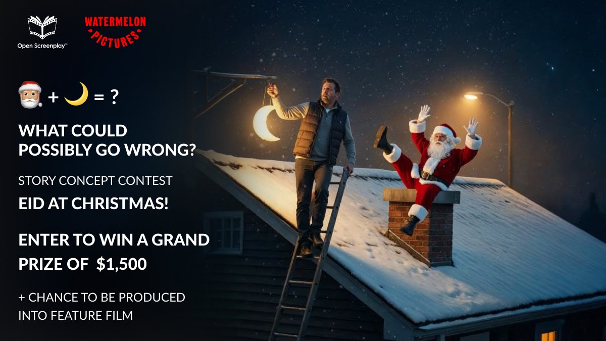 OpenScreenplay's tweet image. 🎄+🌙= your next #story_concept
Open Screenplay’s #Eid at Christmas #contest is now open. Pitch a fun, commercial, feel‑good holiday film idea and you could win US $1,500 and possibly get it produced!
Submit up to ten‑page treatments bit.ly/4fhEphJ
Deadline: Sep 10 2025