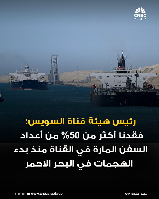رئيس هيئة قناة السويس: فقدنا أكثر من 50% من أعداد السفن المارة في القناة منذ بدء الهجمات على السفن في البحر الأحمر. 35 سفينة تمر حالياً من القناة يومياً مقارنة مع 75 إلى 80 سفينة قبل الأزمة #عاجل 
