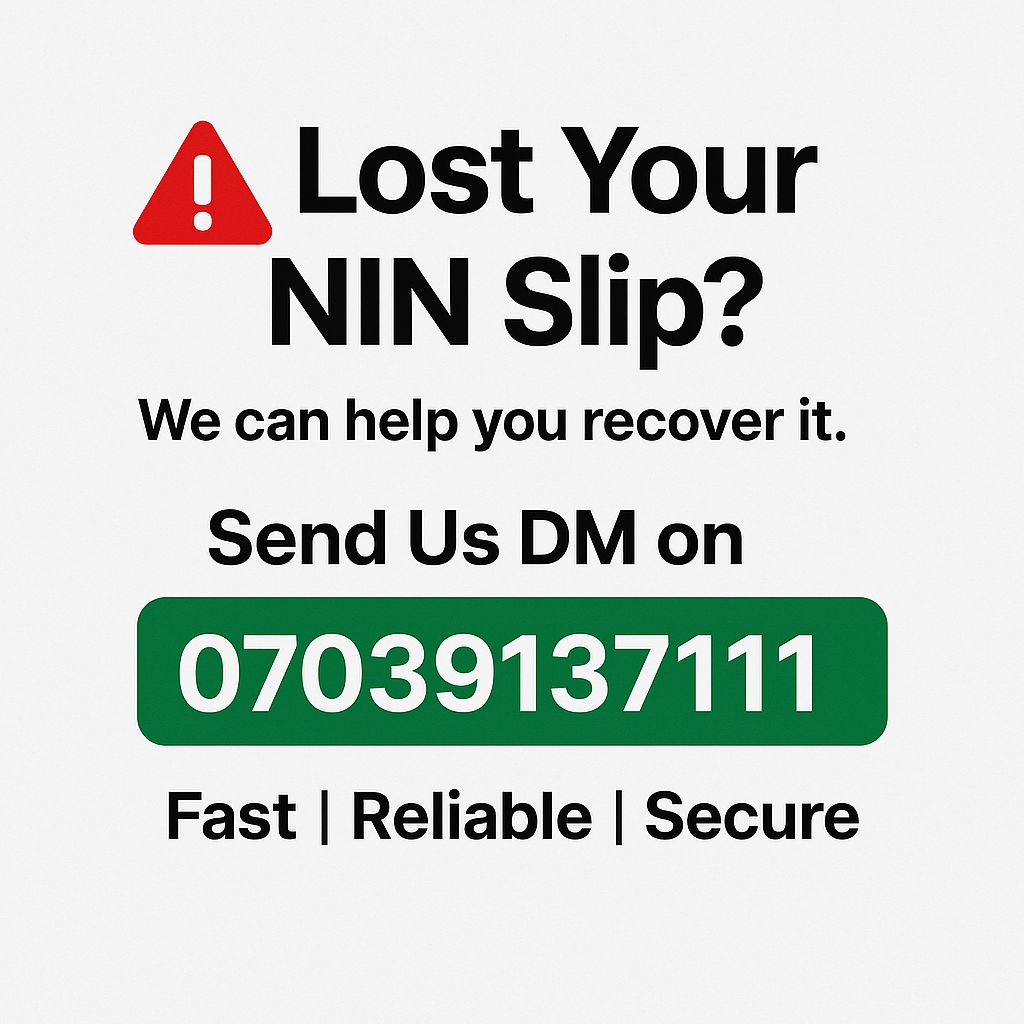 hollarmheetech's tweet photo. 🆘 Lost Your NIN Slip?
Don't Panic — We've Got You Covered!

📄 ✅ We Help You Recover Your NIN Slip Quickly &amp; Easily

📲 Send Us a DM Now:
07039137111

⚡ Fast | 📍 Reliable | 🔒 Secure https://t.co/Xmh854DREX