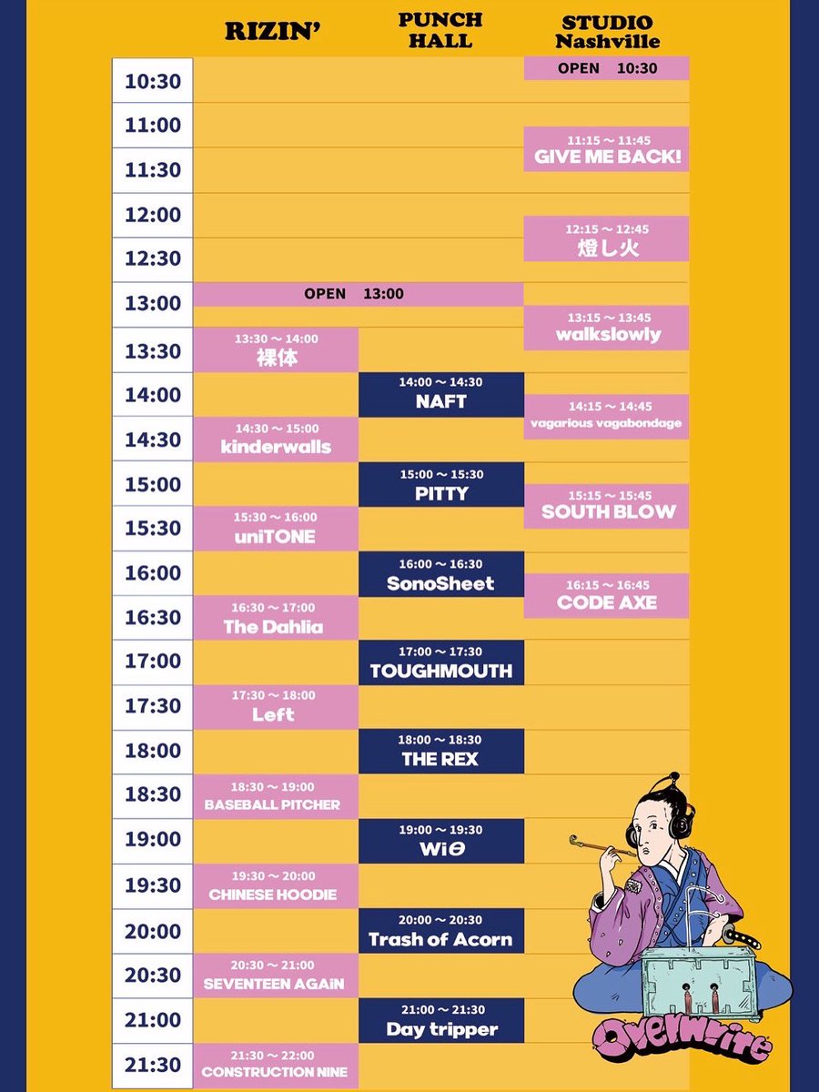 overwritekagawa's tweet photo. 【何回でも告知する！】
8/2(土)@四国髙松
『overwrite vol.5』

RIZIN'&amp;Nashville
2会場3ステージ💥

タイテ公開中！
立ち回り次第で全バンド観れる弾丸サーキット🔫
暴れまくれ💣俺らもそうする！！

まだまだチケット予約受付中！
ソールドさせたい！！！
DM、リプでも予約可能です👍
待ってます！ https://t.co/kqHPPWMBUu