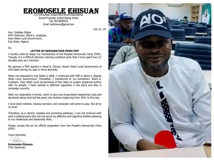 *Resignation Letter*

Hon. Comr. Eromosele Ehisuan's decision to resignu from the Peoples Democratic Party (PDP) marks another significant departure from the party. In his official resignation letter, he cited "continuous leadership crisis and structural decay" as the primary