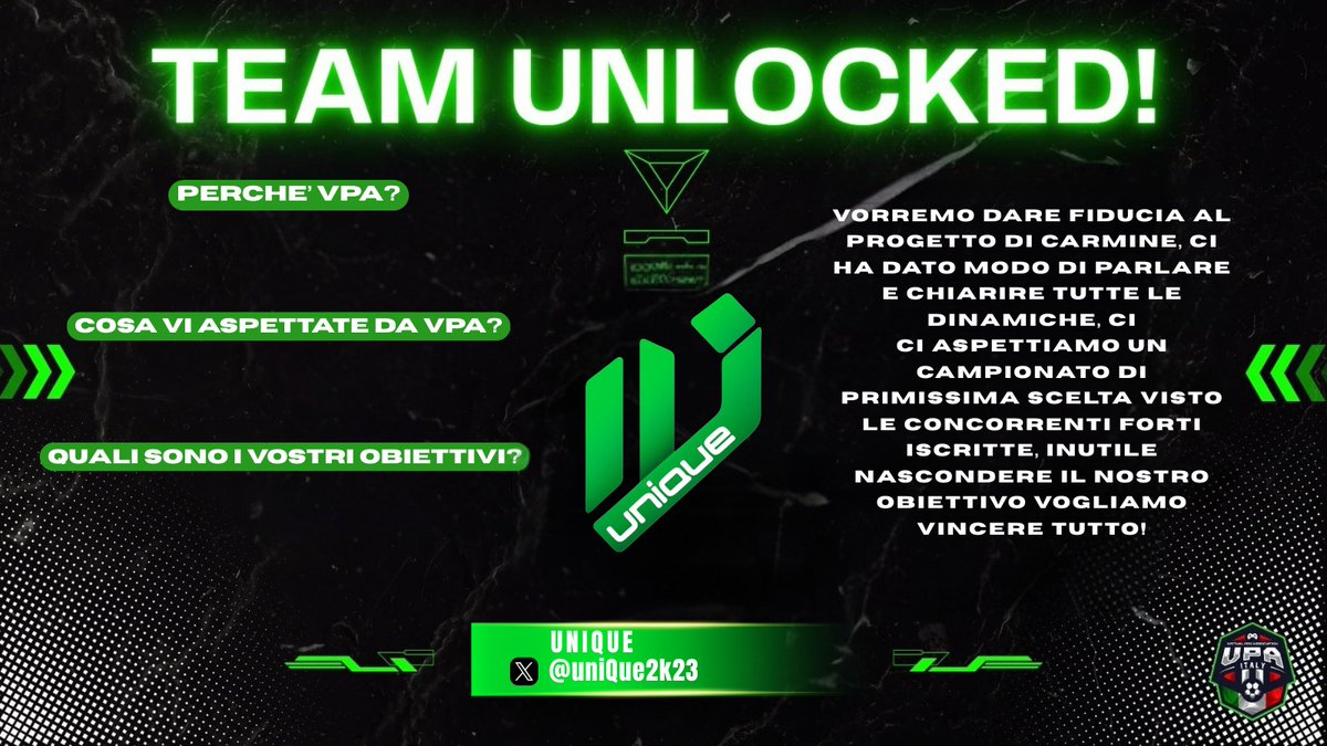 Atterrano su <a href="/VPA_Italy/">VPA Italy</a> anche gli <a href="/uniQue2k23/">uniQue</a> realtà forte di quanto seminato nel corso degli anni 🔥 ci sono tutte le carte in regola per lottare su tutti i fronti, Scudetto Champion's League Coppa Italia... punteranno a tutto passando per la Pre-Season.
Benvenuti !!