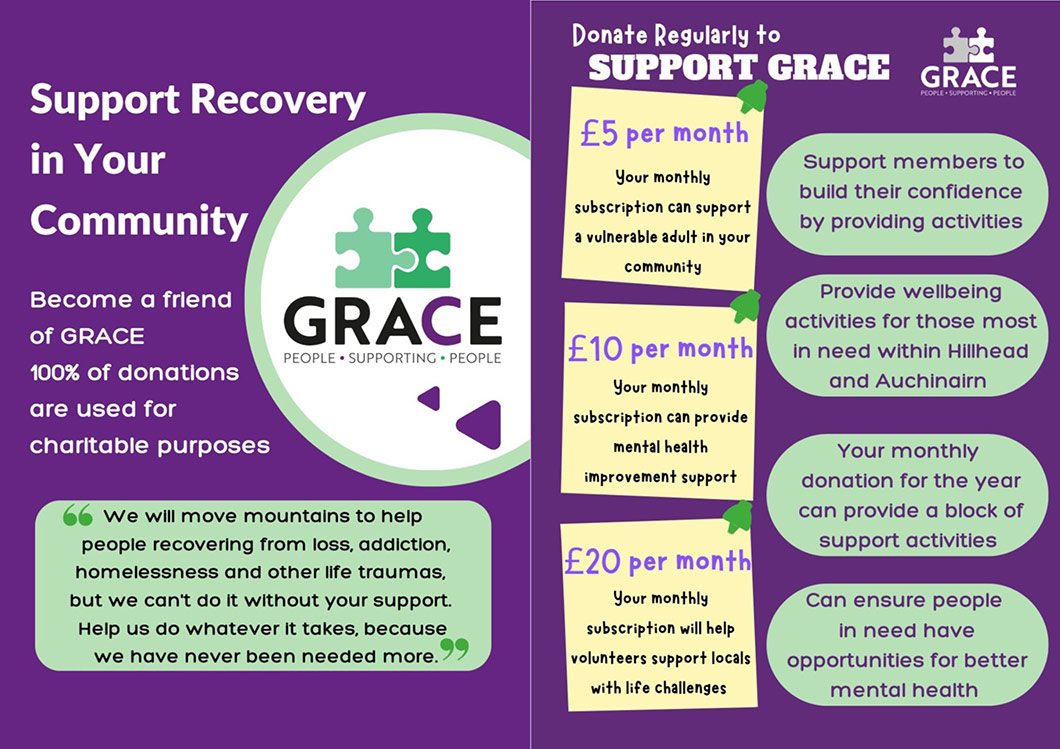 💜 Support GRACE and help us provide vital peer support and recovery services in East Dunbartonshire.

Every donation counts.

Donate here: graceaftercare.org/donate

Thank you! 🙏

#GRACE #Donate #SupportCommunity