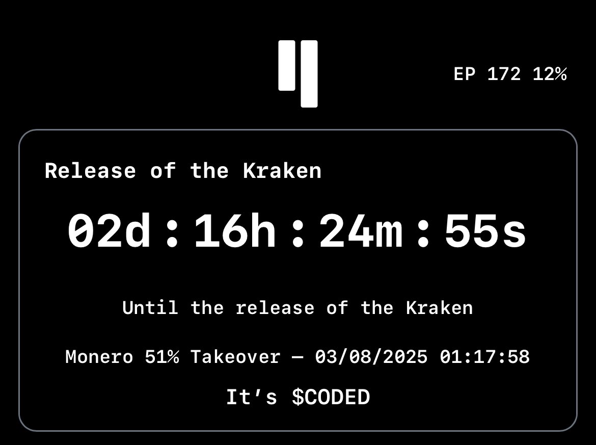 CodedOnQubic's tweet image. &amp;lt;/ Release of the Kraken is $CODED /&amp;gt;

THE COUNTDOWN IS ON
&amp;gt;&amp;gt; codedonqubic.com/kraken

&amp;gt; Hashrate, Pool share and Blocks are now in Stealth Mode &amp;gt; 

$0.01 is $CODED for $QUBIC 

Art by @Qubic_Magazine
@monero @c___f___b  #monero $xmr @_Qubic_ @_qxmr_token_ @c_f_b_token