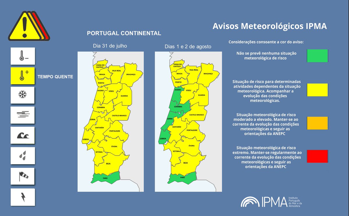 #AvisosMeteorológicos

❗️ Atenção aos Avisos Meteorológicos para Portugal Continental
⚠ Conheça os avisos em vigor para hoje, dia 31 e dias 1 e 2 de agosto de 2025 👇

▶️ Avisos meteorológicos: tinyurl.com/mpw286fm

#InfoIPMA #tempo