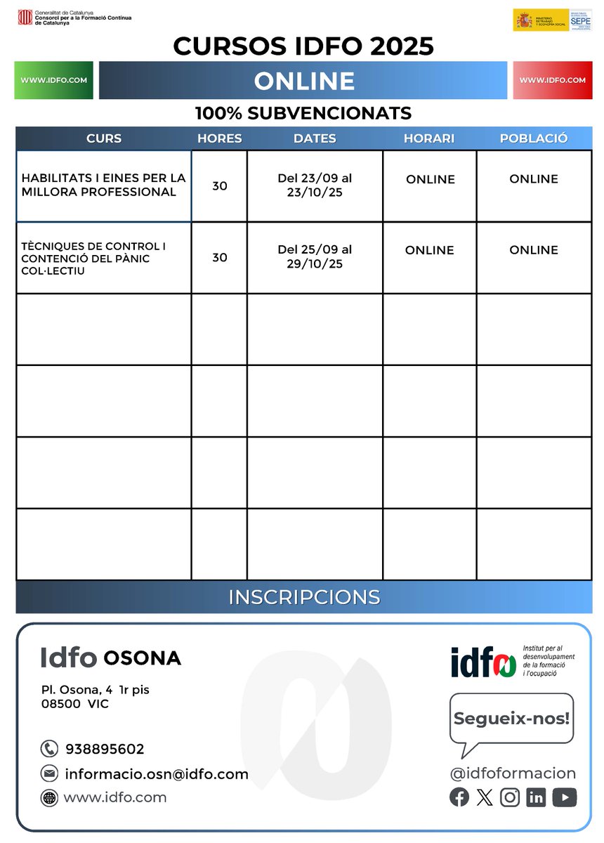 Recull de cursos publicats per l'últim trimestre!!
Novetats a Manlleu 🧐
#cursossubvencionats  #IDFOformacio
Inscripcions a la nostra web: idfo.com
