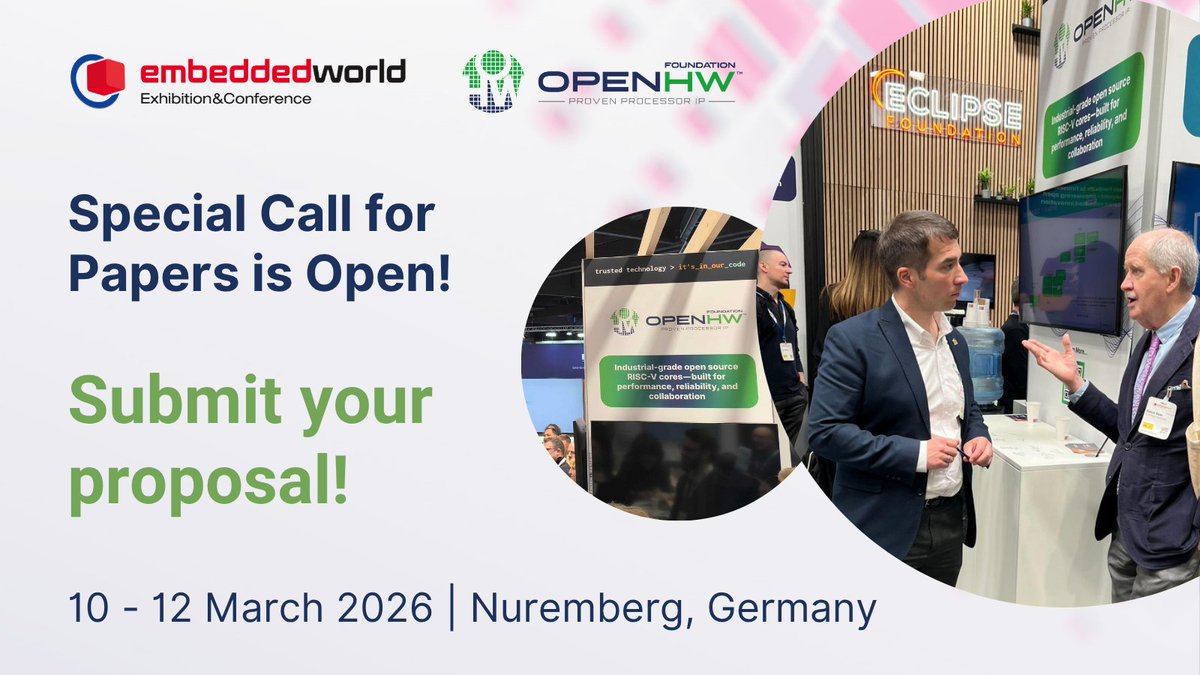 OpenHWFdn's tweet image. 🚨The Call for Papers for @embedded_world is open!

The @EclipseFdn is accepting proposals on open source hardware at its Special CfP. We’re interested in talks showcasing open source hardware, including #RISCV and #COREV.

🔍 Submit: hubs.la/Q03zfCTY0   

#OpenHW