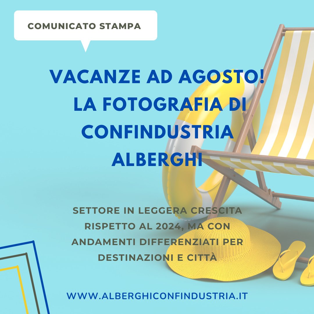 #comunicatostampa
Vacanze ad agosto: la fotografia di Confindustria Alberghi
Settore in leggera crescita rispetto al 2024, ma con andamenti differenziati per destinazioni e città
Leggi il CS qui alberghiconfindustria.it/.../notizia/56…
#vacanze #vacanzeadagosto #settorealberghiero #alberghi