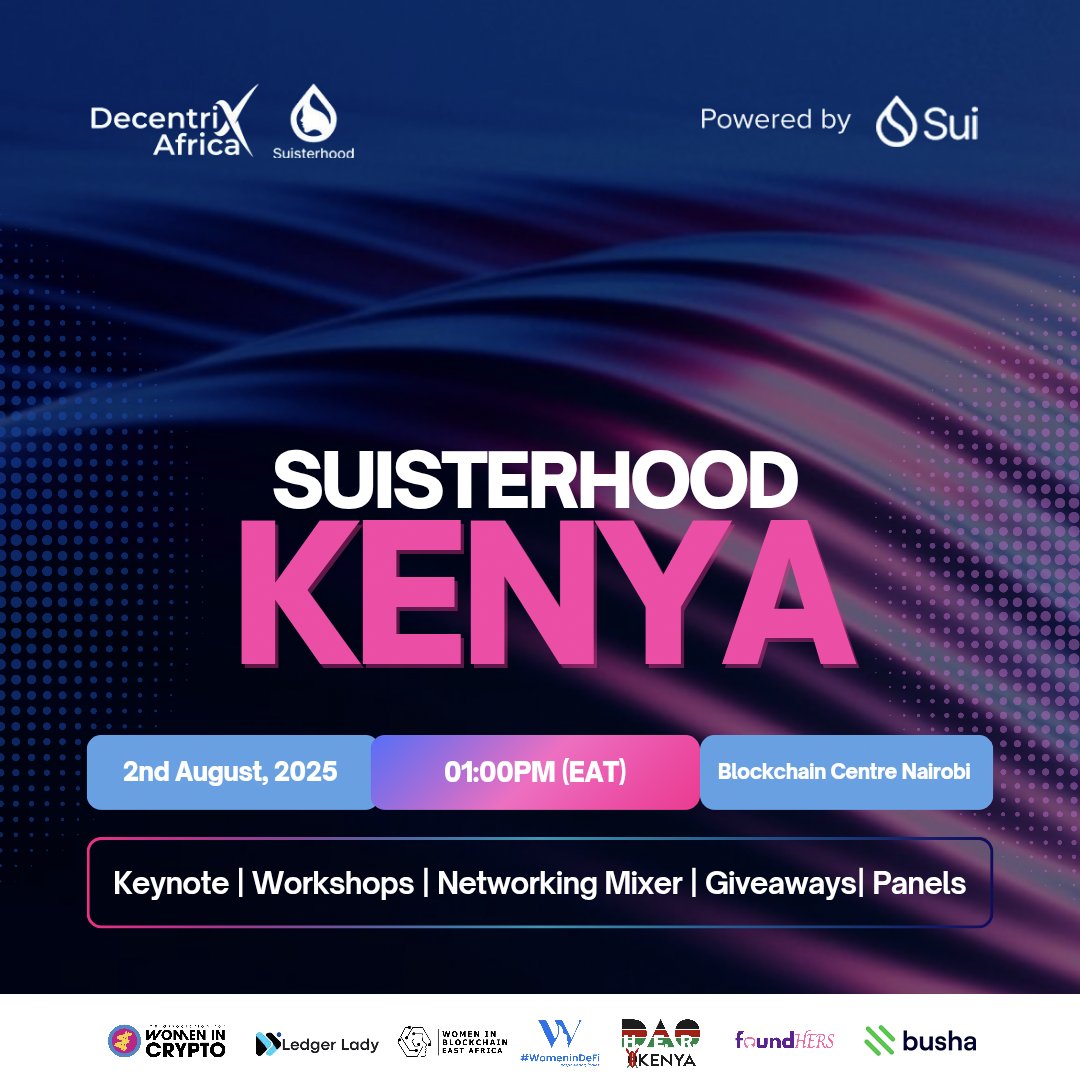 Decentrix Africa (@decentrixafrica) on Twitter photo Suisterhood is here!
A women-first Web3 experience curated to onboard, empower, and connect the next wave of Kenyan women in tech, crypto, and innovation.
Hosted by <a href="/DecentrixAfrica/">Decentrix Africa</a>
Powered by <a href="/SuiNetwork/">Sui</a>
In partnership with <a href="/getbushakenya/">Busha Kenya</a>, <a href="/AWICAfrica/">AWIC Africa</a> , and leading Suisterhood is here!
A women-first Web3 experience curated to onboard, empower, and connect the next wave of Kenyan women in tech, crypto, and innovation.
Hosted by <a href="/DecentrixAfrica/">Decentrix Africa</a>
Powered by <a href="/SuiNetwork/">Sui</a>
In partnership with <a href="/getbushakenya/">Busha Kenya</a>, <a href="/AWICAfrica/">AWIC Africa</a> , and leading