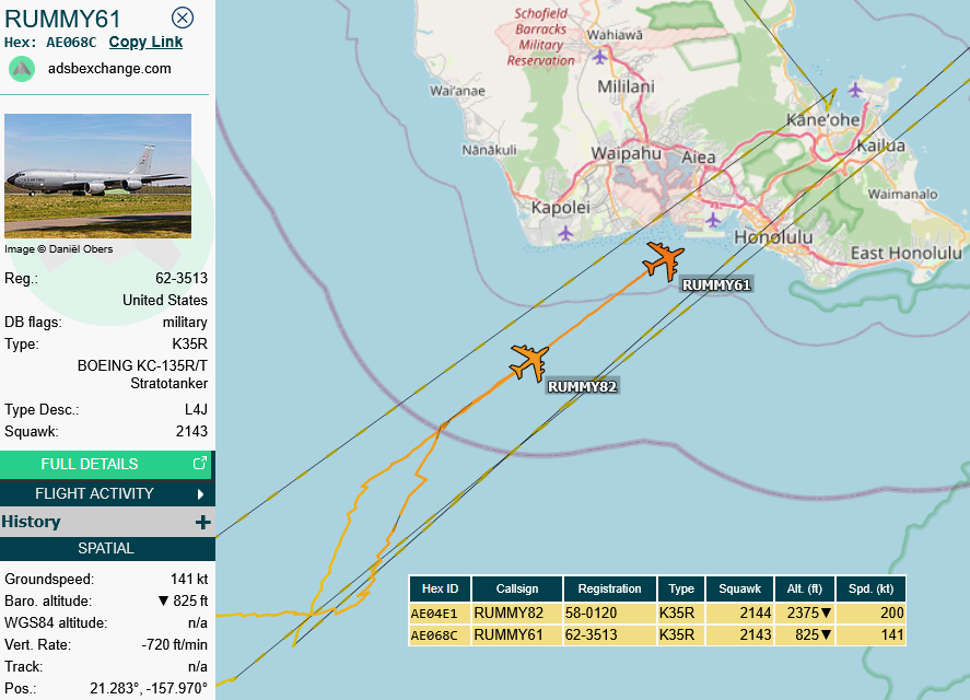 SirListenalot's tweet photo. ~0430z #KC135's #RUMMY61 & #RUMMY82 arrive at Honolulu from Andersen. Their receivers, two ("DC"?) #F16's #JEST24 were slightly ahead https://t.co/3TLaXXHqlx