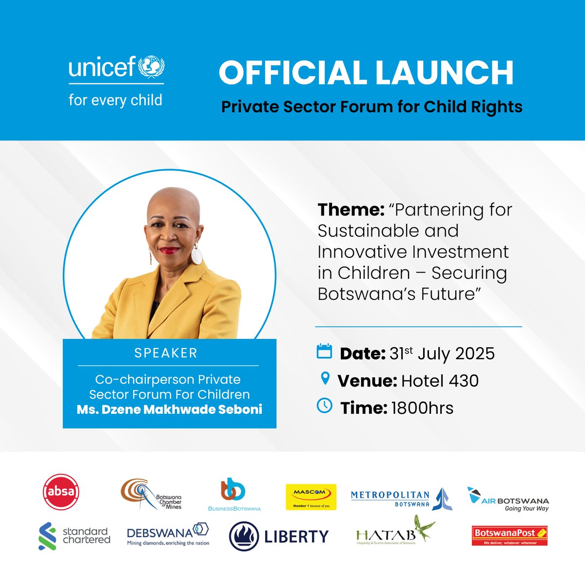 Meet Ms. Dzene Makhwade - Seboni, Mascom CEO &amp; Co-Chair of the Private Sector Forum for Children. 
As UNICEF launches the Business Forum for Children’s Rights today, she leads the call for ethical business, family-first policies &amp; child-focused action.
#ForEveryChild #UNICEF