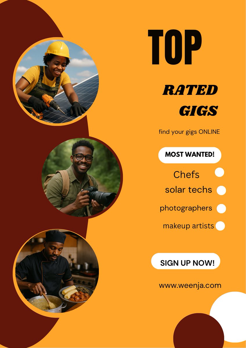 weenja_official's tweet photo. JULY'S  MOST WANTED GIGS ! 
Your skills are in DEMAND – don’t miss out !  
Photographers , chefs, installers, tutors, makeup artists, content creators -YOUR TRENDING
SKILLED? Join https://t.co/WFvvLJyIRP Today!
KNOW SOMEONE TALENTED? Tag them below!
 Get seen ,Get hired ! https://t.co/W3G7nRyKmj