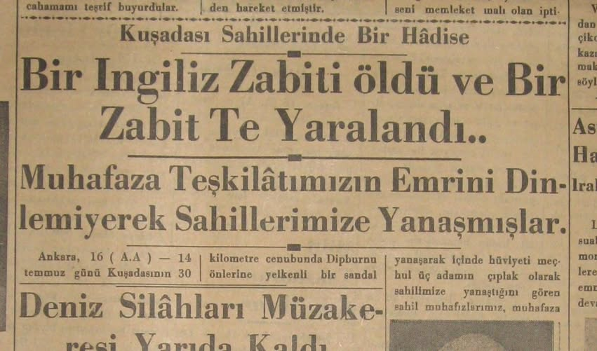 1934
Aylardan Temmuz 
İngiltere’nin Akdeniz filosu, Ege’de dolaşırken dört İngiliz askeri tekneyle Kuşadası’nın Dipburun yöresindeki Kanapiçe Koyuna yanaştılar.. 
Deniz sınırlarımızı artık askerlerimizden oluşan Gümrük Muhafaza Alayları korumaktadır.