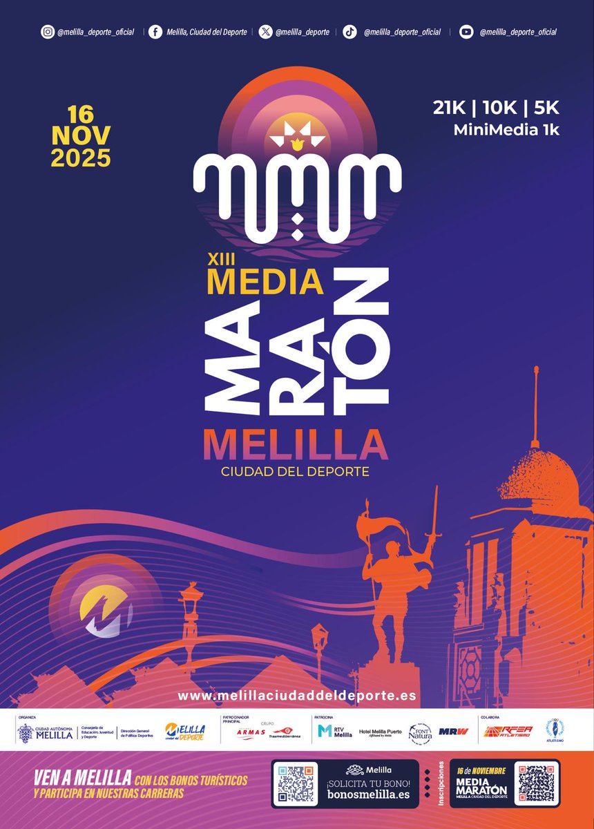 Recuerda que tienes hasta el 31 de agosto para inscribirte en la XIII Medio Maratón 'Melilla, Ciudad del Deporte' por tan solo 10€. A partir del 1 de septiembre la inscripción subirá hasta los 15€.

Apúntate en la web melillaciudaddeldeporte.es

#MelillaDeporte #NuestroDeporte