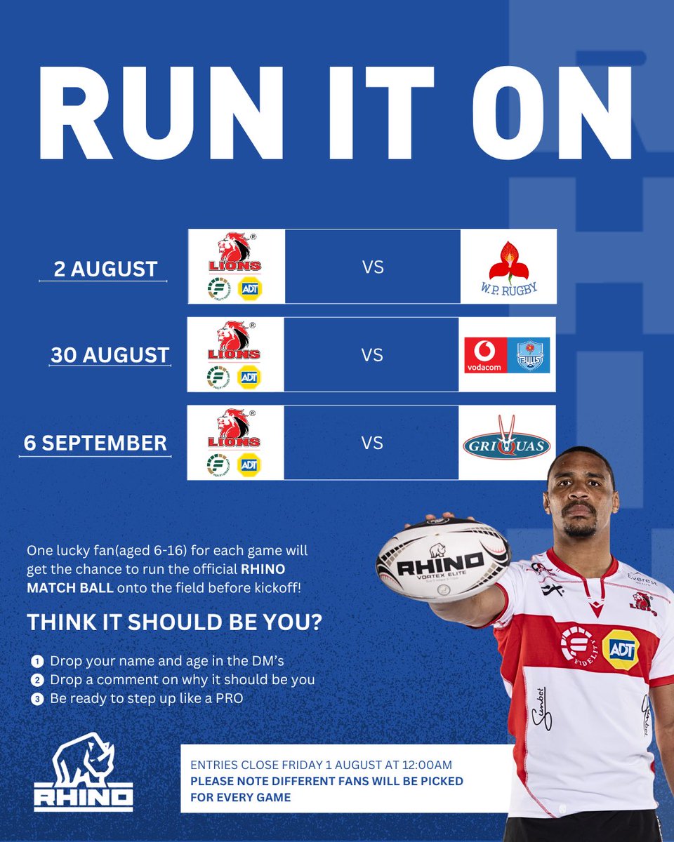 Want to run the Rhino match ball at Ellis Park?

We’re picking 3 kids (6–16) for the next Lions home games! 🏉🔥

📍 Ellis Park
🗓️ Aug 2 – WP
🗓️ Aug 30 – Bulls
🗓️ Sept 6 – Griquas

Follow @rhino_rugby_sa + @lionsrugbyco
DM name + age
Comment why it should be you!

#WeAreRhino