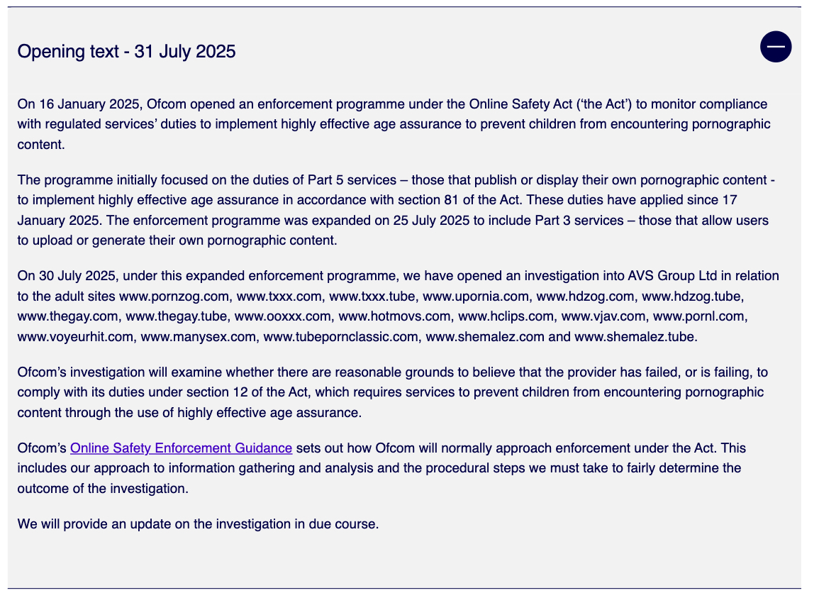 Ofcom has launched investigations into numerous porn sites for not complying with the new age verification requirements

The phrase 'Streisand effect' comes to mind