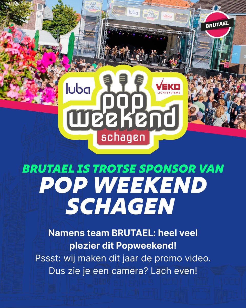 Popweekend Schagen staat voor de deur en BRUTAEL is er gewoon bij. 🎉🎶

Trots als sponsor en maker van de officiële promo video. 🎥

Dus zie je een camera? Je weet wat je te doen staat 😉

Veel plezier allemaal!

#Popweekend #Schagen #Festival #Popweekend2025 #SchagenMarktstad