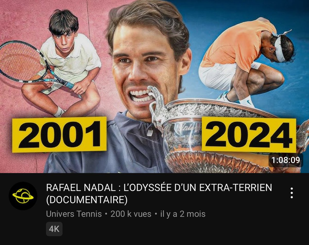 Vous êtes désormais plus de 200.000 à avoir regardé notre premier documentaire sur la carrière de Rafael Nadal sur YouTube. 🤯

Les retours sont excellents pour une première, merci à tous. 🙏

On vous prépare beaucoup de concepts et sujets différents prochainement. ⏳💛