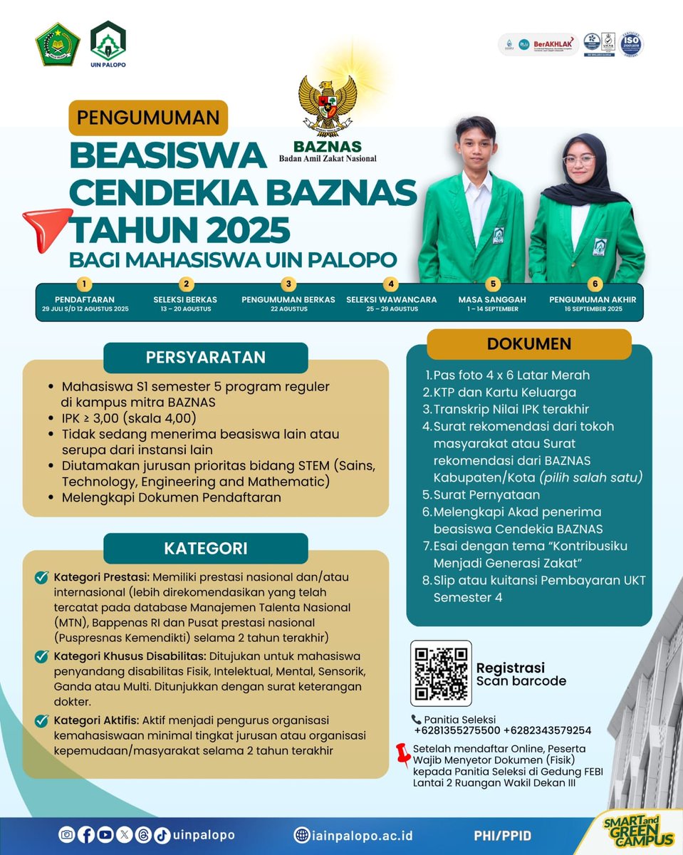 uinpalopo's tweet photo. Sobat smart&amp;green. Bagi mahasiswa angkatan 2023 atau yang sekarang duduk di semester 5, buruan daftar Beasiswa Cendekia Baznas (BCB) 2025
#BeasiswaCendekiaBaznas2025
#AyoKuliahDiUINPalopo
#UINPalopo

Link pendaftaran mahasiswa baru UIN Palopo : https://t.co/oQPyqS0p1Q https://t.co/aUPVHmaw89