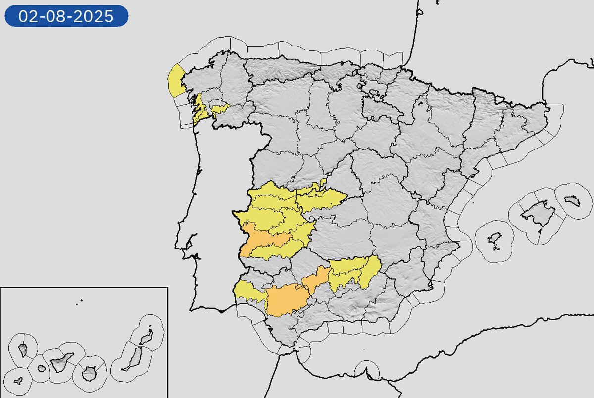 AEMET_Esp's tweet photo. 31/07 11:36 Avisos activos pasado mañana en España por temperaturas máximas y costeros. Nivel máximo de aviso: naranja.
Actualizaciones en https://t.co/BLdoSsO2Qv https://t.co/30I6yMKWEp
