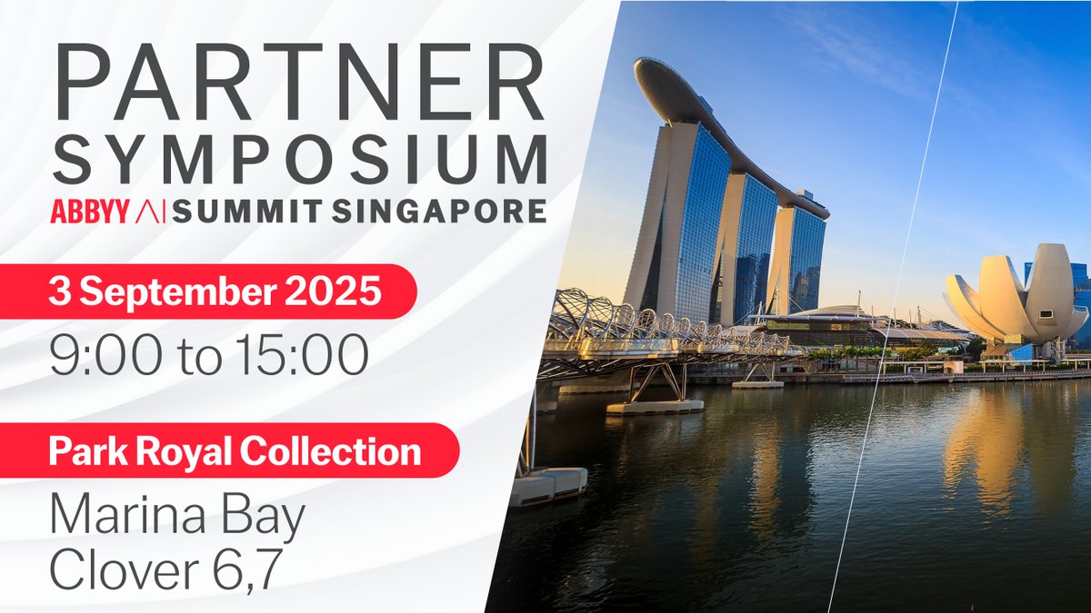 ABBYY (@abbyy_software) on Twitter photo ๐
 Save the Date: ABBYY Partner Symposium | Sept 3, 2025
Weโre excited to welcome our valued partners one day before the #ABBYYAISummit Singapore!
๐ค Gain exclusive insights, see live demos, and connect with industry leaders. Explore how #AI & #IntelligentAutomation are ๐
 Save the Date: ABBYY Partner Symposium | Sept 3, 2025
Weโre excited to welcome our valued partners one day before the #ABBYYAISummit Singapore!
๐ค Gain exclusive insights, see live demos, and connect with industry leaders. Explore how #AI & #IntelligentAutomation are