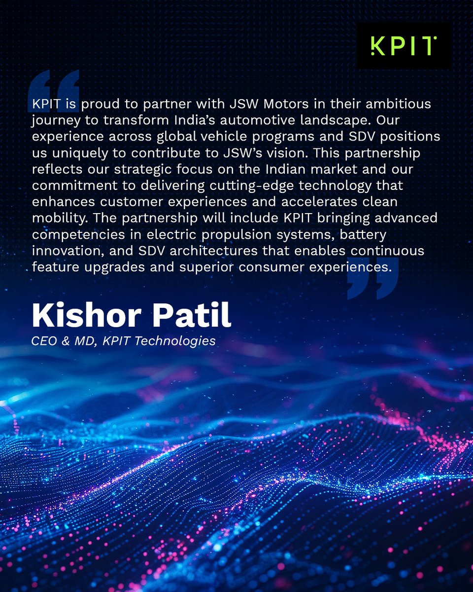 KPIT's tweet photo. JSW Motors and KPIT Technologies today formed a strategic partnership, aimed at redefining the future of mobility in India.
Read the full press release here:
https://t.co/c7Ciio50Vv
#KPIT #JSW #Collaboration #Innovation #Partnership #ReimaginingMobility https://t.co/v0uVe3cEKv