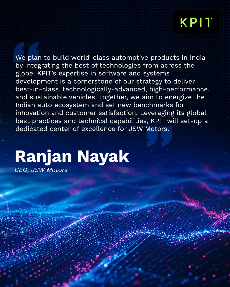 KPIT's tweet photo. JSW Motors and KPIT Technologies today formed a strategic partnership, aimed at redefining the future of mobility in India.
Read the full press release here:
https://t.co/c7Ciio50Vv
#KPIT #JSW #Collaboration #Innovation #Partnership #ReimaginingMobility https://t.co/v0uVe3cEKv