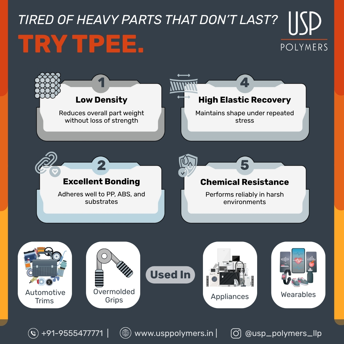 usp_llp's tweet image. Lighten your load with TPEE from USP Polymers. Strong bonding, high elasticity, and reliable resistance for trims, grips, and wearables.

Explore more at usppolymers.in

#TPEEMaterial #LightweightEngineering #AutomotivePolymers