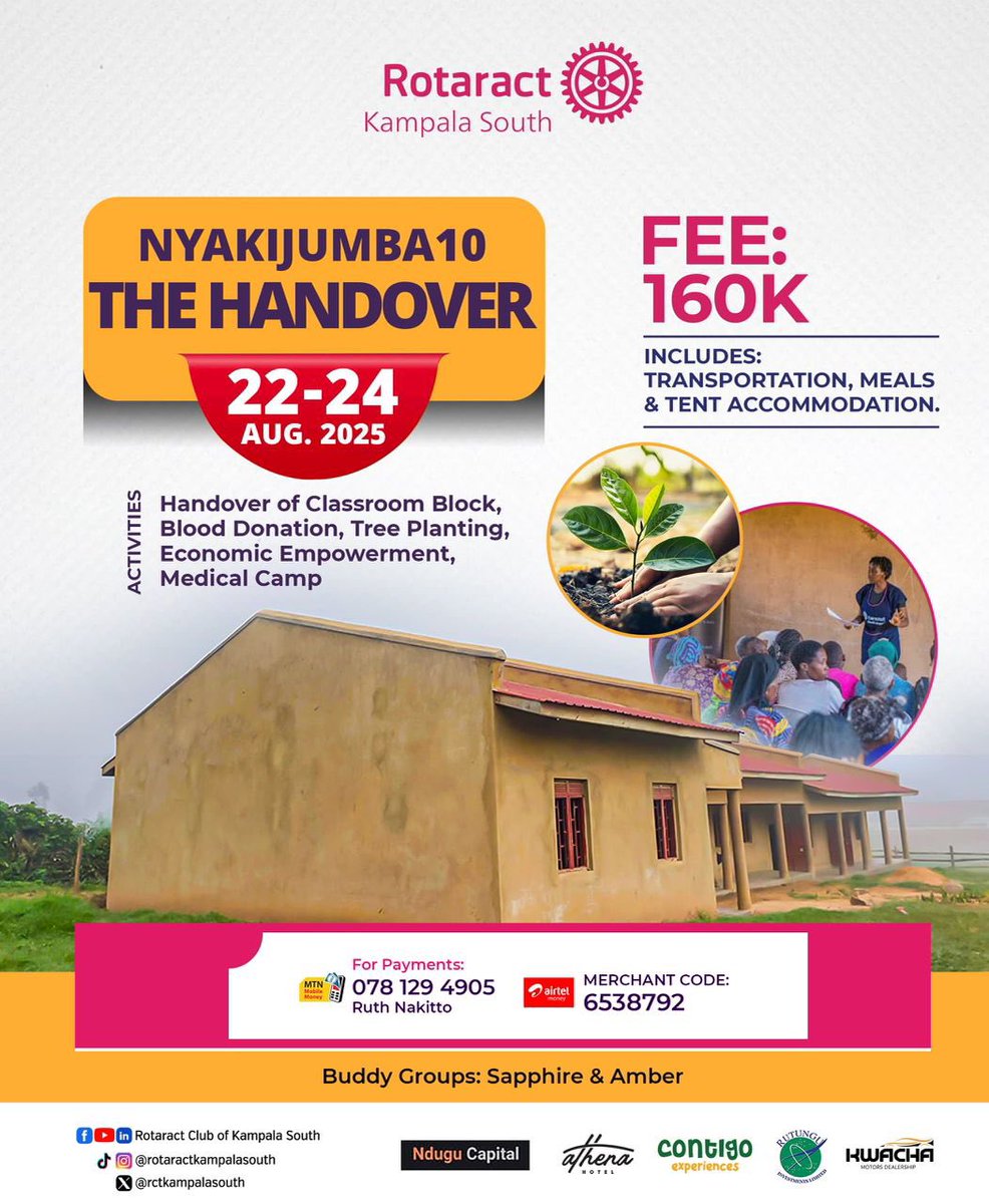 rctkampalasouth's tweet photo. We commemorate 10 years of service in Kabale with a powerful milestone, the handover of a 5-classroom block to Nyakijumba Primary School.

Join us August 22–24 as we continue to champion community transformation.

🎟️ Fee: 160K (covers transport, meals & tented accommodation) upgraded lodging available on request.
Sign up now and be part of this milestone.
#RotaryEyamba 
#Nyakijumba10