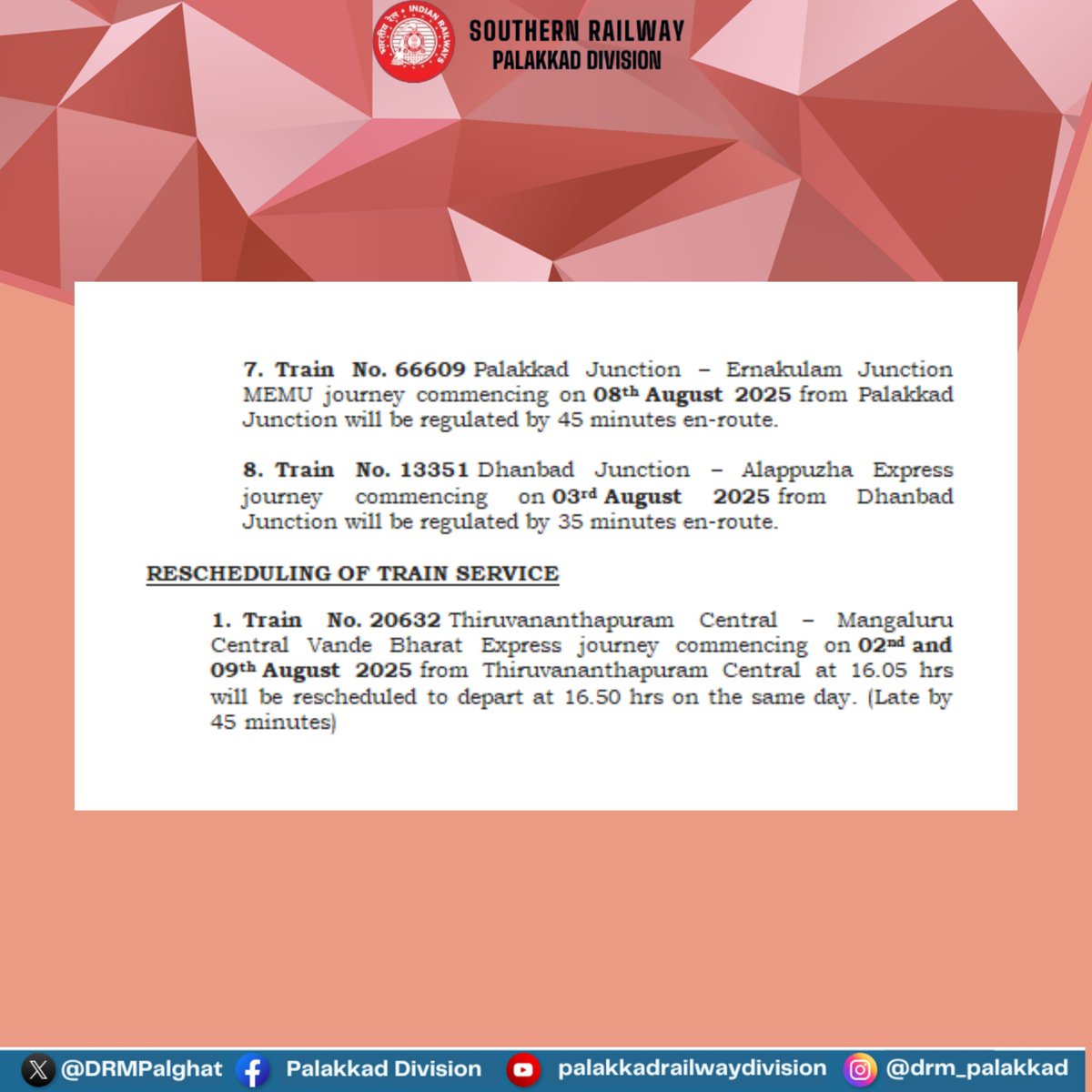 CHANGES IN TRAIN SERVICES

To facilitate track maintenance works in the Thiruvananthapuram division on various days, the following changes were made to the train services.

#IndianRailways 
#SouthernRailway
#Thiruvananthapuram
#Mangaluru 
#Ernakulam
#Dhanbad
#Alappuzha