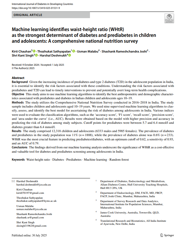 Harshal Deshmukh MRCP MPH PhD CCT FRACP🇮🇳🇬🇧 (@harshaldeshmukh) on Twitter photo Excellent work from <a href="/kirtichauhan007/">Kirti Chauhan</a> . Our paper shows that WhtR is the strongest determinant of diabetes and prediabetes in the indian population <a href="/Sathyapalan_/">Thozhukat Sathyapalan</a> <a href="/AskDrShashank/">Dr. Shashank Joshi</a> <a href="/jcu/">James Cook Uni</a> <a href="/Rssdi_official/">RSSDI (official)</a> <a href="/IndiaESI/">Endocrine Society of India</a> #Diabetes #India Excellent work from <a href="/kirtichauhan007/">Kirti Chauhan</a> . Our paper shows that WhtR is the strongest determinant of diabetes and prediabetes in the indian population <a href="/Sathyapalan_/">Thozhukat Sathyapalan</a> <a href="/AskDrShashank/">Dr. Shashank Joshi</a> <a href="/jcu/">James Cook Uni</a> <a href="/Rssdi_official/">RSSDI (official)</a> <a href="/IndiaESI/">Endocrine Society of India</a> #Diabetes #India