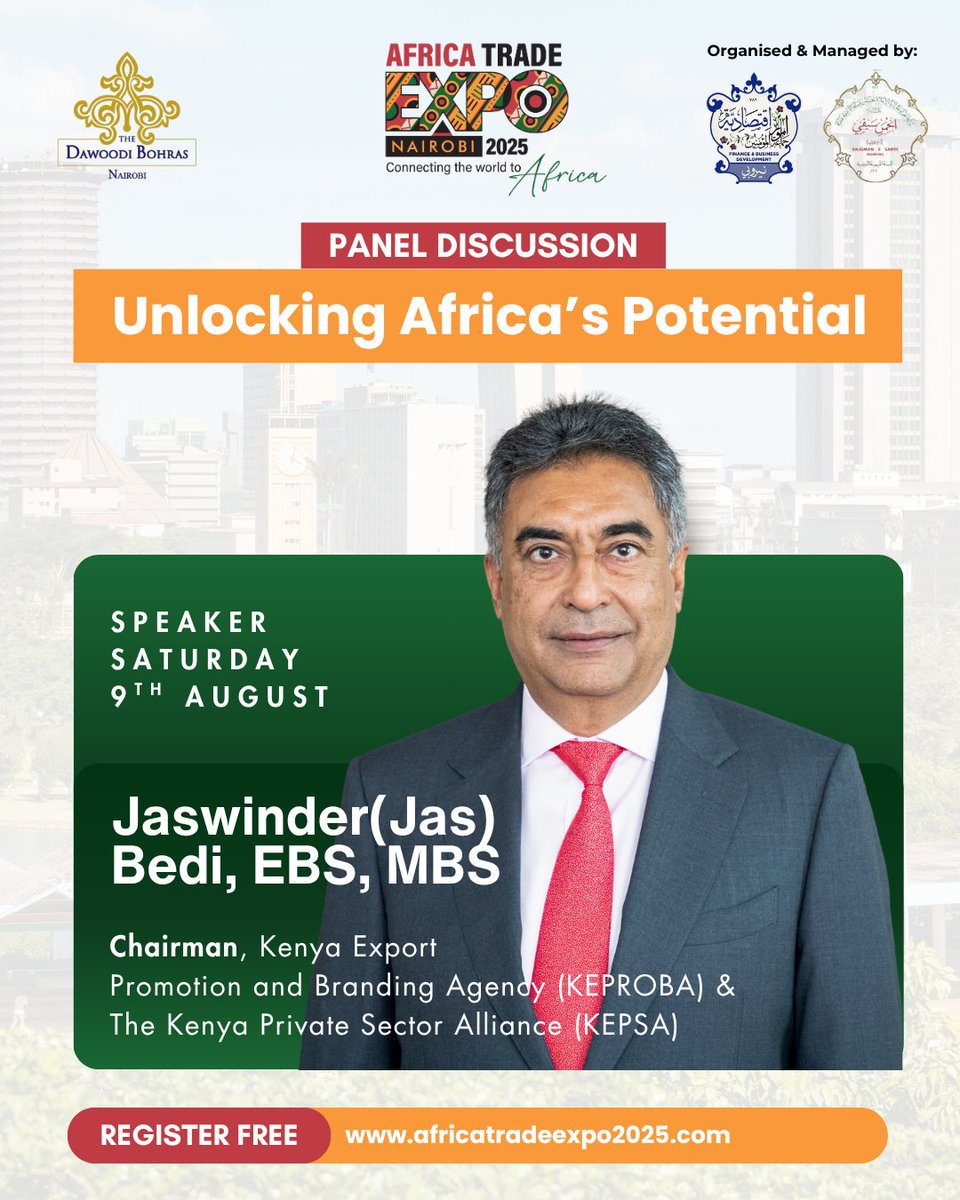 #ATE2025PanelSpeaker

#ATE2025 is pleased to have the <a href="/MakeItKenya/">Kenya Export Promotion and Branding Agency</a>  &amp; <a href="/KEPSA_KENYA/">KEPSA KENYA</a> Chairman, <a href="/jasbedikenya/">Jaswinder (Jas) Bedi, EBS, MBS.</a>  join us on Saturday, 9th August, at the <a href="/cuea_official/">The Catholic Univ-EA</a> for a high-powered panel discussion on unlocking #Africa's potential.

🎟 Entry is FREE: Africatradeexpo2025.com