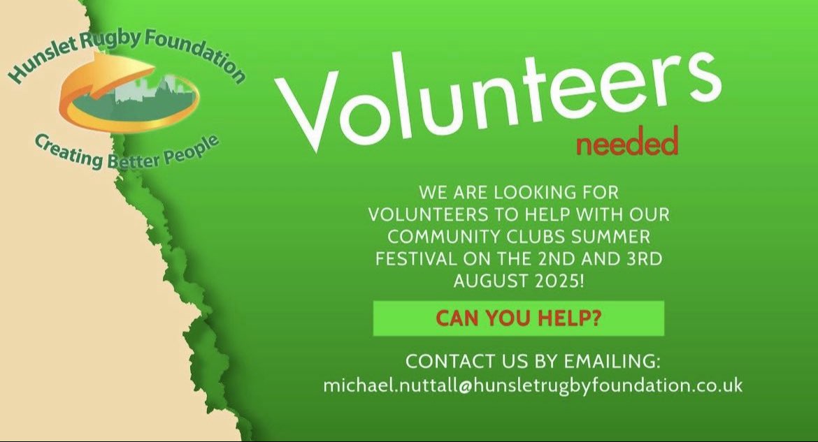 We're excited to be collaborating with <a href="/HunsletRugby/">Hunslet Rugby Foundation</a> for this year’s Summer Festival, and we need volunteers to help this weekend!

If you're interested in being part of an amazing community event, please get in touch with michael.nuttall@hunsletrugbyfoundation.co.uk

#festival