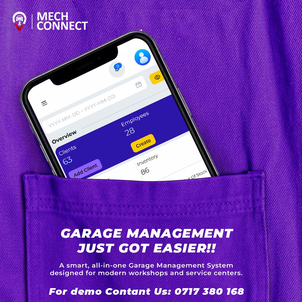 Say goodbye to messy records and hello to Mech Connect – the all-in-one Garage Management System made for modern workshops and service centers. Track clients, employees, inventory &amp; tasks. Want a FREE demo? Call us: 0717 380 168
#MechConnect #GarageManagement
