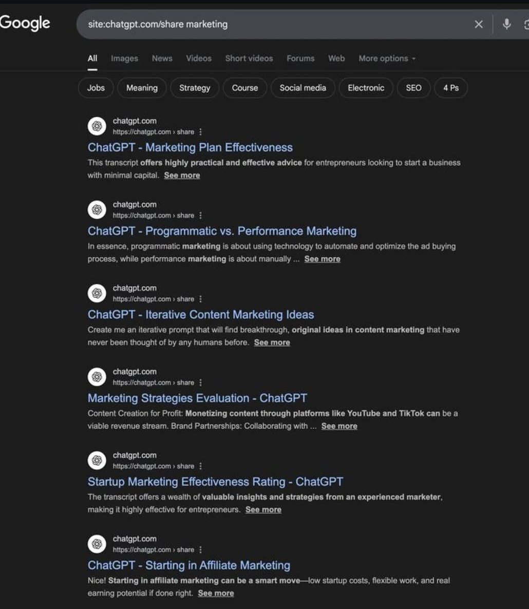 Numerous private conversations are now appearing in Google search results. Selecting the "Share" option in ChatGPT generates a public link, which Google can then index.
This means messages intended for a close friend might become accessible to millions  #google  #ChatGPT #openai