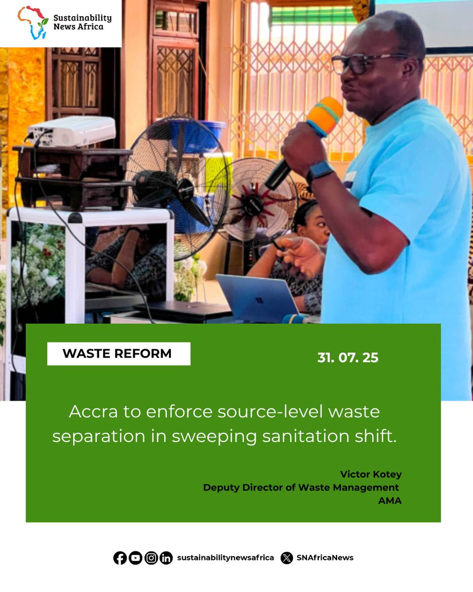 SNAfricaNews's tweet image. “This is about changing the culture of waste management in Accra,” Mr Kotey stated. 

Source: MyJoyOnline
Read full article: myjoyonline.com/ama-to-make-wa… 
Sign up for early access: sustainabilitynewsafrica.com 

#WasteReform #AccraGoesGreen #Goal7 #Agenda2063 #SustainableCities