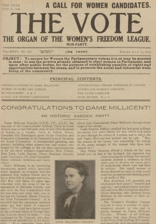 Women's suffrage title The Vote, 31 July 1925, celebrates leading suffragist, 79-year-old Dame Millicent Fawcett, who was the guest of honour at a garden party given by the National Union of Societies for Equal Citizenship bit.ly/3IQzND9 #OTD #1925Newspapers