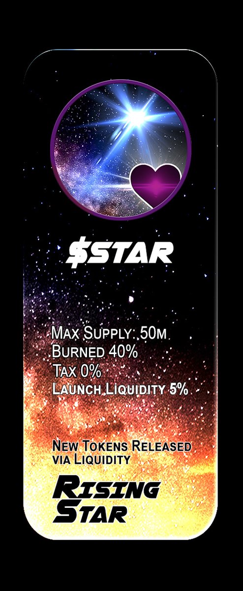 We have launched the 6th and final token for the PMT Suite. Rising Star $STAR  Max supply 50m - Burnt 40% - Initial Liquidity 5% - Tax 0% CA: 0x24a237e49e6cc3da2051b86d1f916c471ce325a1 DS link: #PulseChain #PulseX dexscreener.com/pulsechain/0xf…