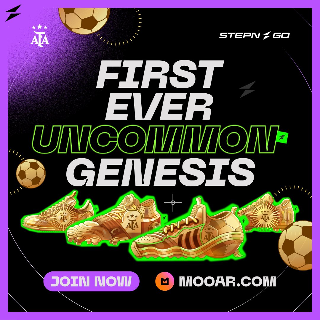 STEPN GO (@stepnofficial) on Twitter photo For the first time ever in STEPN GO, we’ve introduced something truly rare:
STEPN GO Uncommon Genesis Sneakers 👟✨
As part of the second drop of STEPN GO x <a href="/Argentina/">🇦🇷 Selección Argentina ⭐⭐⭐</a>, we’ve hidden one Uncommon version of each Sneaker type in the mint. That’s just 4 Uncommon Genesis Sneakers For the first time ever in STEPN GO, we’ve introduced something truly rare:
STEPN GO Uncommon Genesis Sneakers 👟✨
As part of the second drop of STEPN GO x <a href="/Argentina/">🇦🇷 Selección Argentina ⭐⭐⭐</a>, we’ve hidden one Uncommon version of each Sneaker type in the mint. That’s just 4 Uncommon Genesis Sneakers