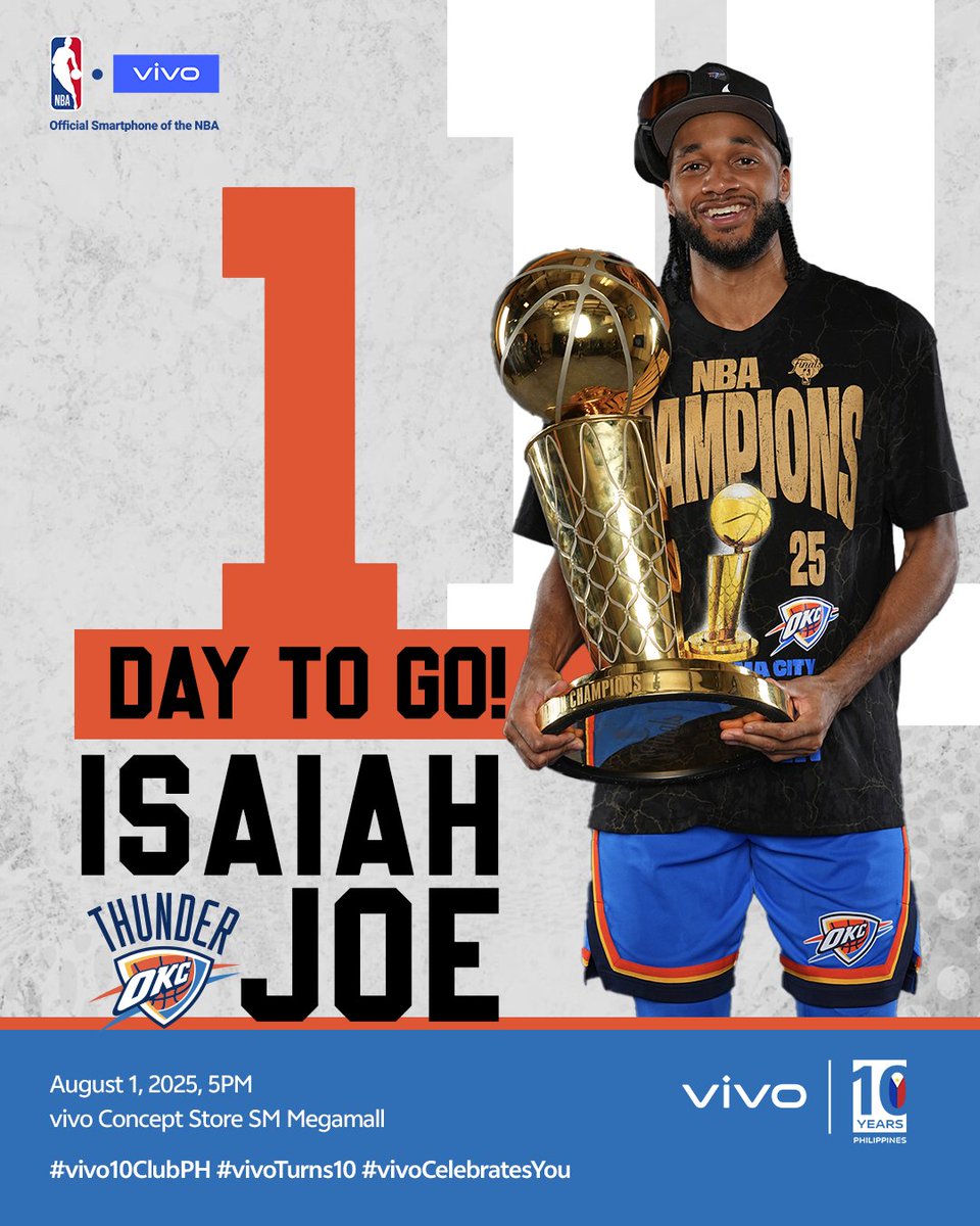 IT’S ALMOST GAME TIME! ⚡

Tomorrow, we celebrate vivo Philippines' 10 years with a special guest—Isaiah Joe of the OKC Thunder! 

See you tomorrow, August 1, 2025 5PM at vivo concept store SM Megamall

#vivoxNBA #vivo10ClubPH #vivoTurns10 #vivoCelebratesYou