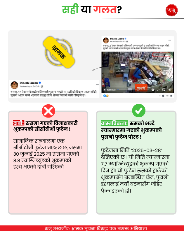 RUJU_FactCheck's tweet photo. Fact Altert: भ्रम फैलाउने प्रयास: रुसको भन्दै म्यान्मारको पुरानो भिडियो पोस्ट !

दाबी:  रुसमा गएको विनाशकारी भूकम्पको सीसीटीभी फुटेज !
वास्तविकता:  रुसको भन्दै म्यान्मारमा गएको भुकम्पको पुरानो फुटेज पोस्ट !
#FactCheck #rujufactcheck #VerifyBeforeSharing #FactAlert https://t.co/kRE0F1dxez