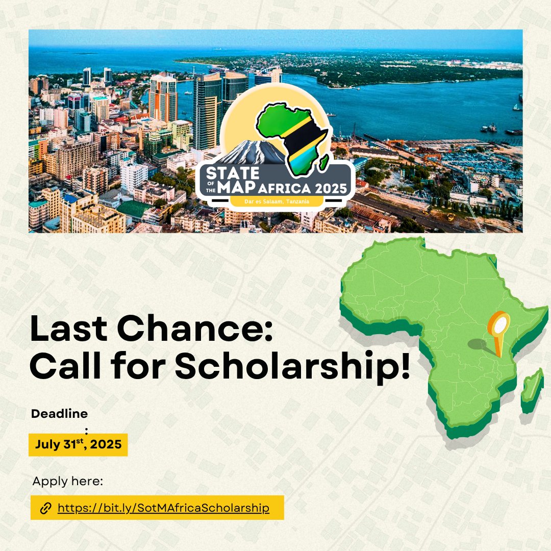 Last chance! Today's your final day to apply for a scholarship to attend State of the Map Africa 2025 (Nov 28-30). Don't miss out – apply now: bit.ly/SotMAfricaScho… #SotMAfrica2025 #SotMAfrica
