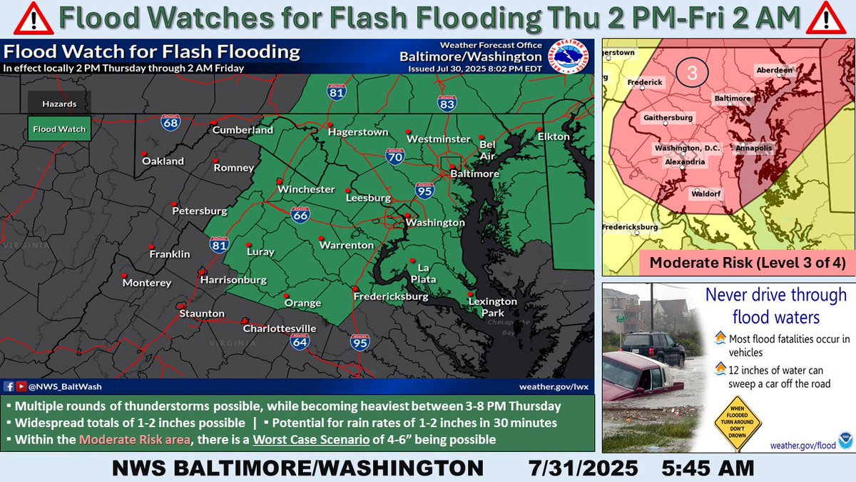 Showers &amp; strong to severe thunderstorms this afternoon &amp; evening, primarily 1pm and 9pm. The metro areas of Baltimore, MD and The District of Columbia will be the focus for possible Flash Flooding. Flood Watch in effect northern Shenandoah Valley east to Chesapeake Bay.