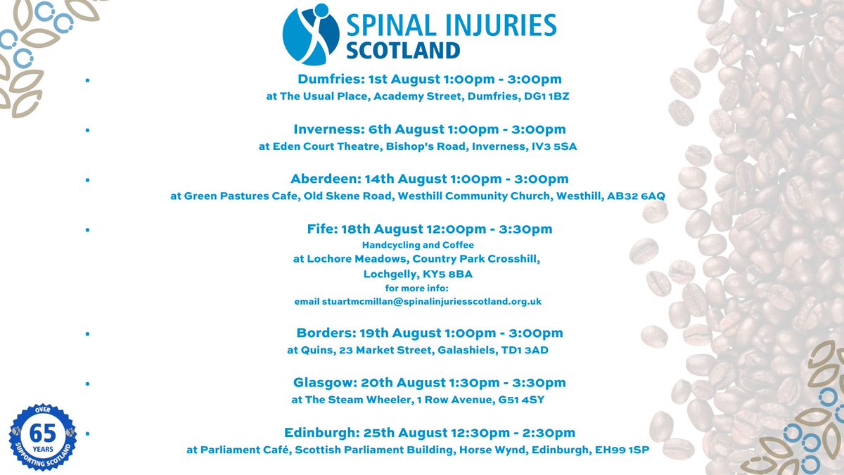 See below for the list of August Face to Face Coffee Meets. Come on down, we'd love to see you. Please RSVP to the Peer Support Advisor for your area if you are interested in attending. Email addresses and latest info can be found in the link below
spinalinjuriesscotland.org.uk/face-to-face-c…