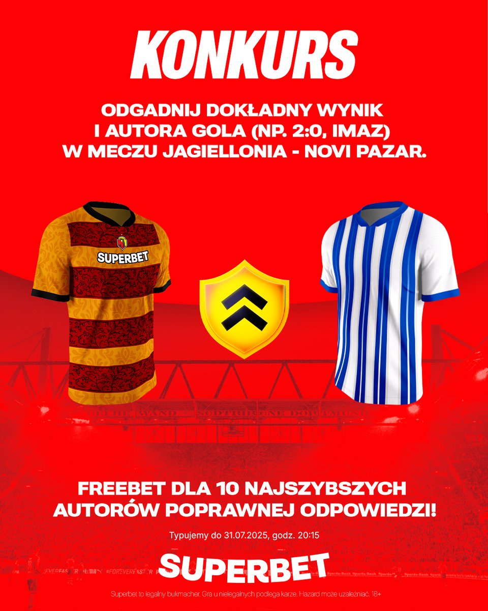 #KONKURS! Wytypuj w odpowiedziach dokładny wynik oraz autora gola ⚽️ w meczu Jagiellonia - Novi Pazar i zgarnij freebet!
-- 
✅ Zaobserwuj <a href="/SuperbetPL/">Superbet</a>
❤️ Polub wpis i 🔄 podaj go dalej 
👤 Dodaj nick z Superbet 
🎁 Nagroda = FREEBET 50 PLN
Regulamin: sprbt.pl/Regulamin_Typer